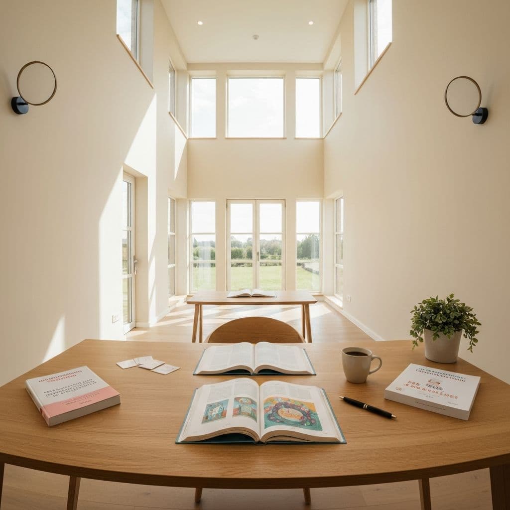 Desk with French books and an open notebook